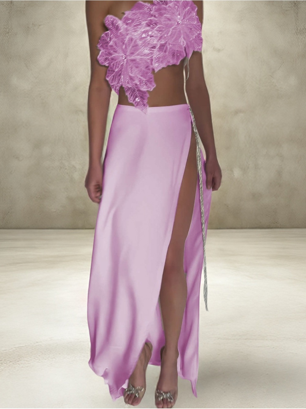 MICAS Lavender Pink High-Slit Satin Maxi Skirt 3D Flower Bra Set